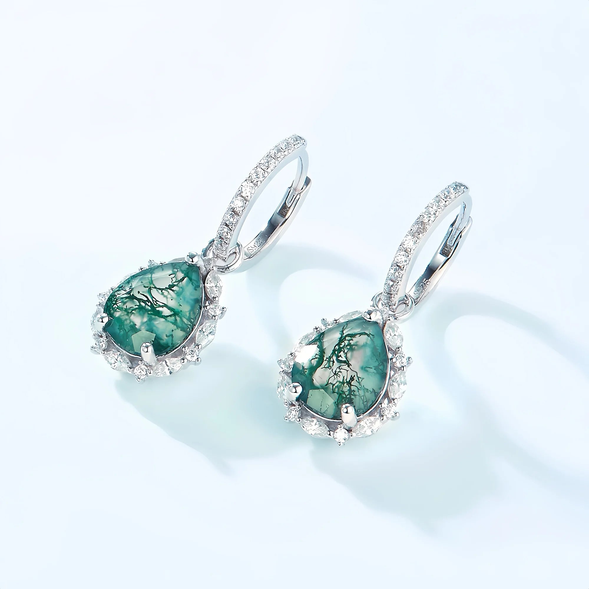 Pear Shaped Moss Agate Drop Earrings