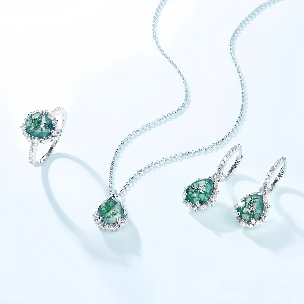 Pear Shaped Moss Agate Drop Earrings