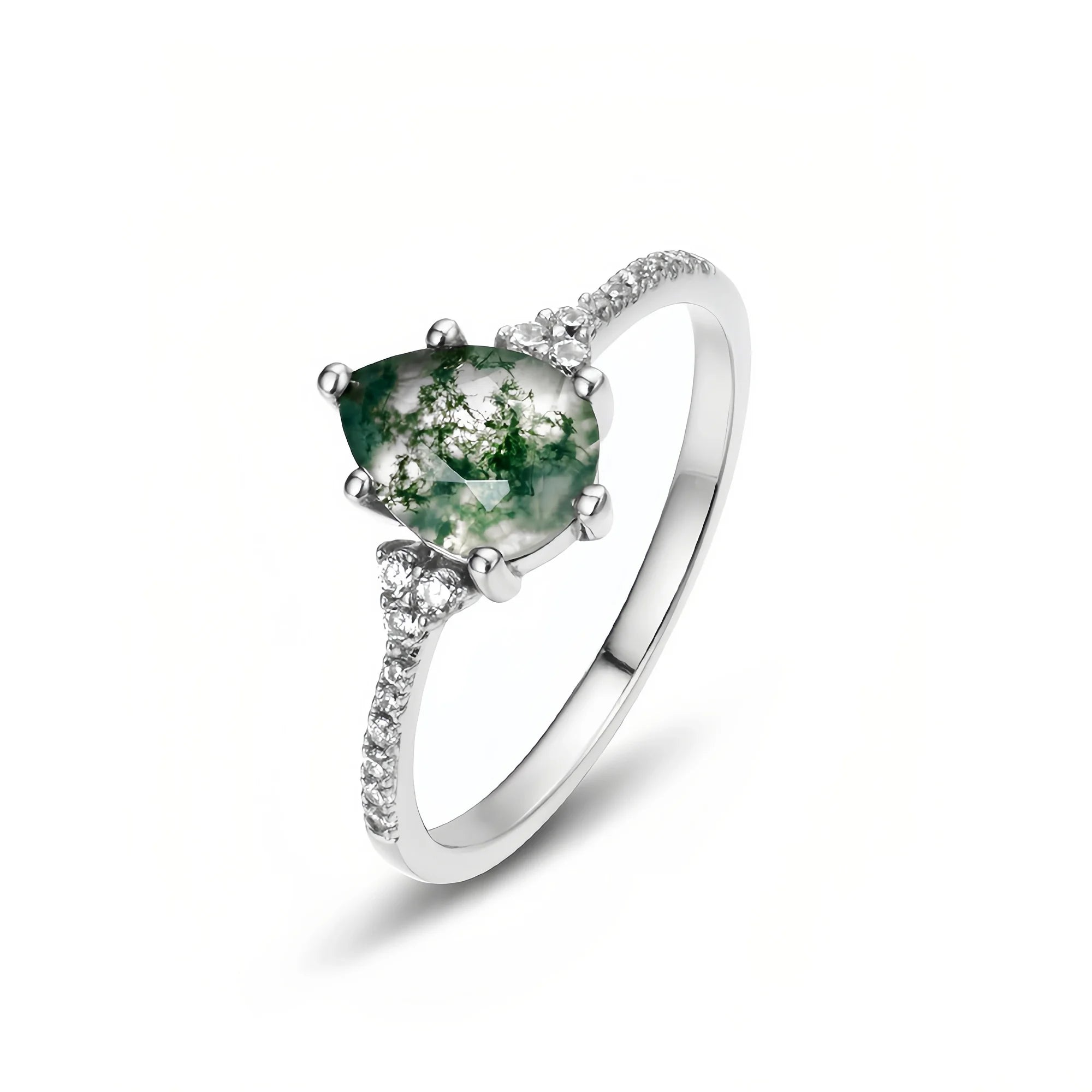 Pear Shaped Moss Agate Ring with Diamond Halo