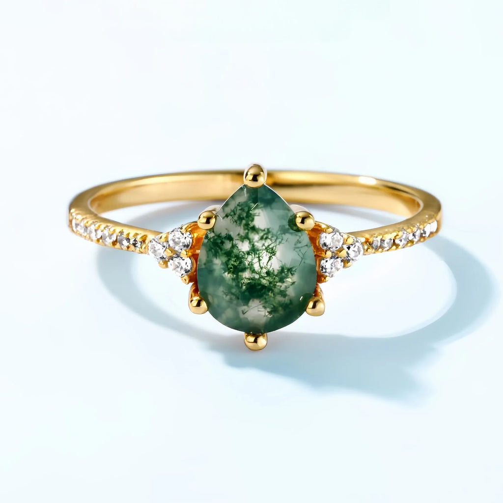 Pear Shaped Moss Agate Ring with Diamond Halo