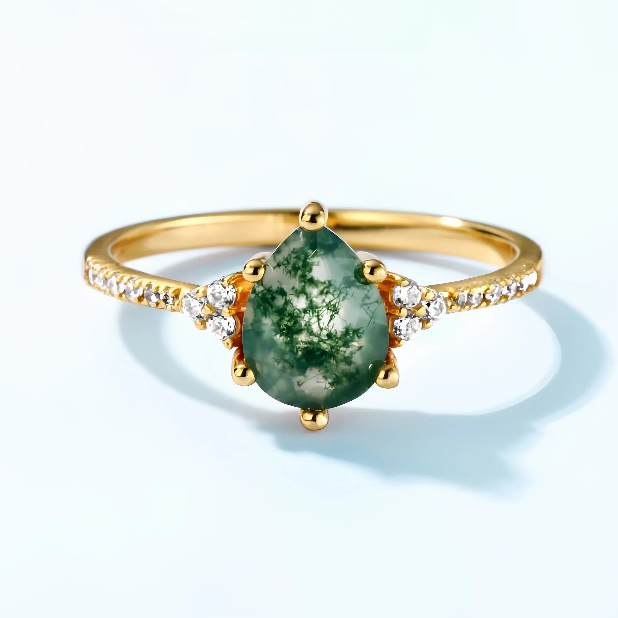 Pear Shaped Moss Agate Ring with Diamond Halo