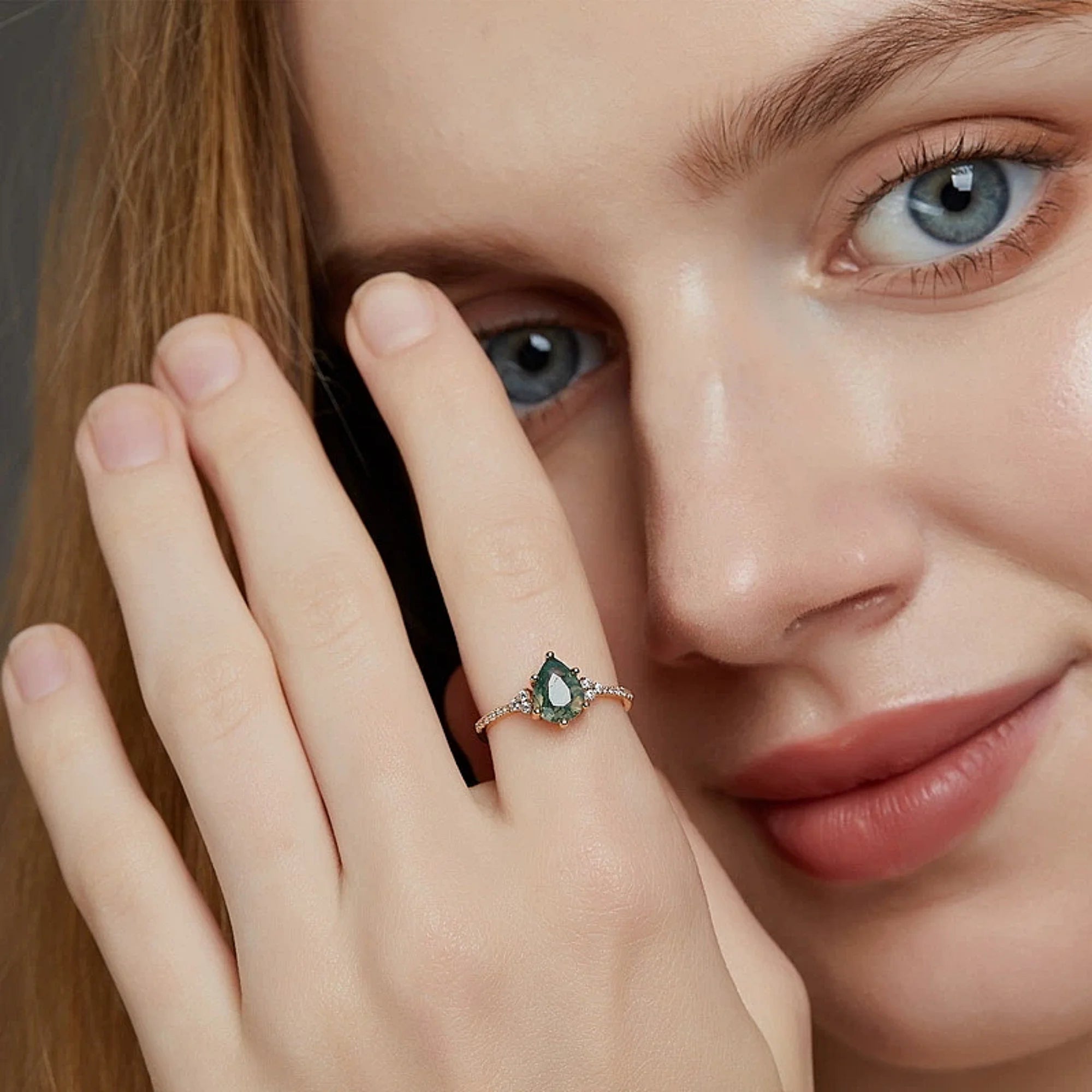 Pear Shaped Moss Agate Ring with Diamond Halo