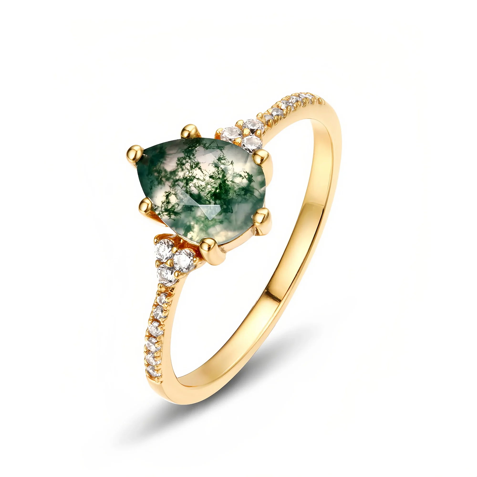Pear Shaped Moss Agate Ring with Diamond Halo