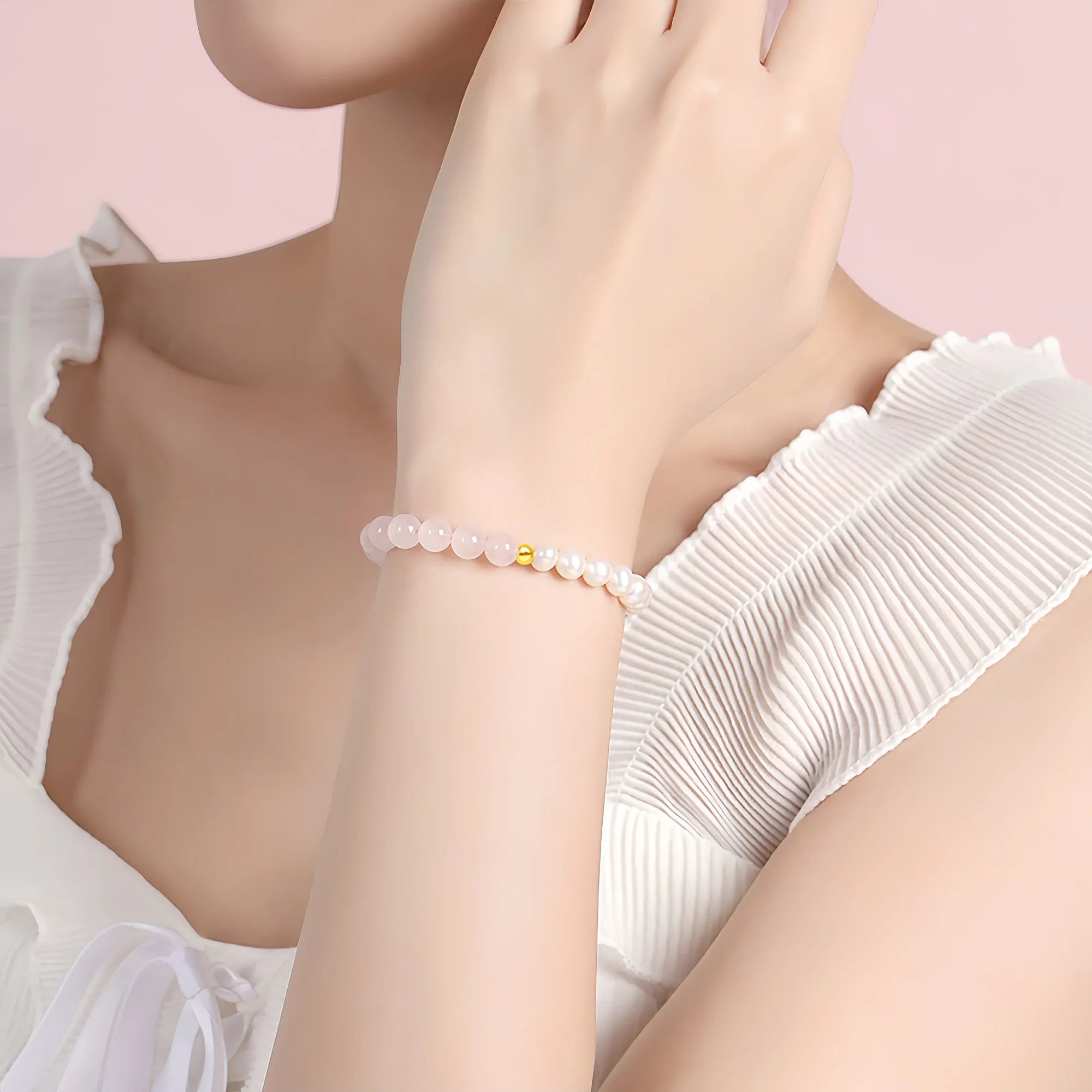 Pink Quartz & Pearl Gold Blessing Bracelet
