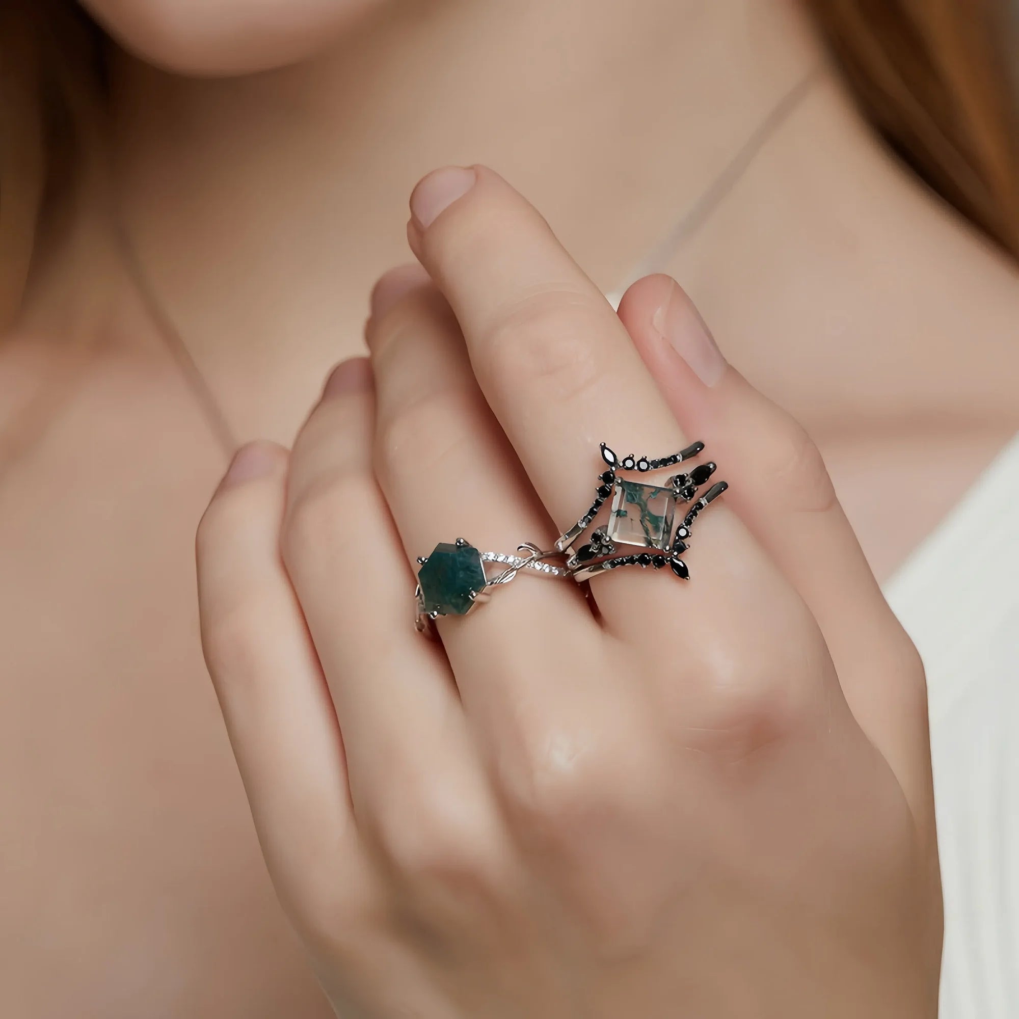 Princess Cut Moss Agate Stacking Ring