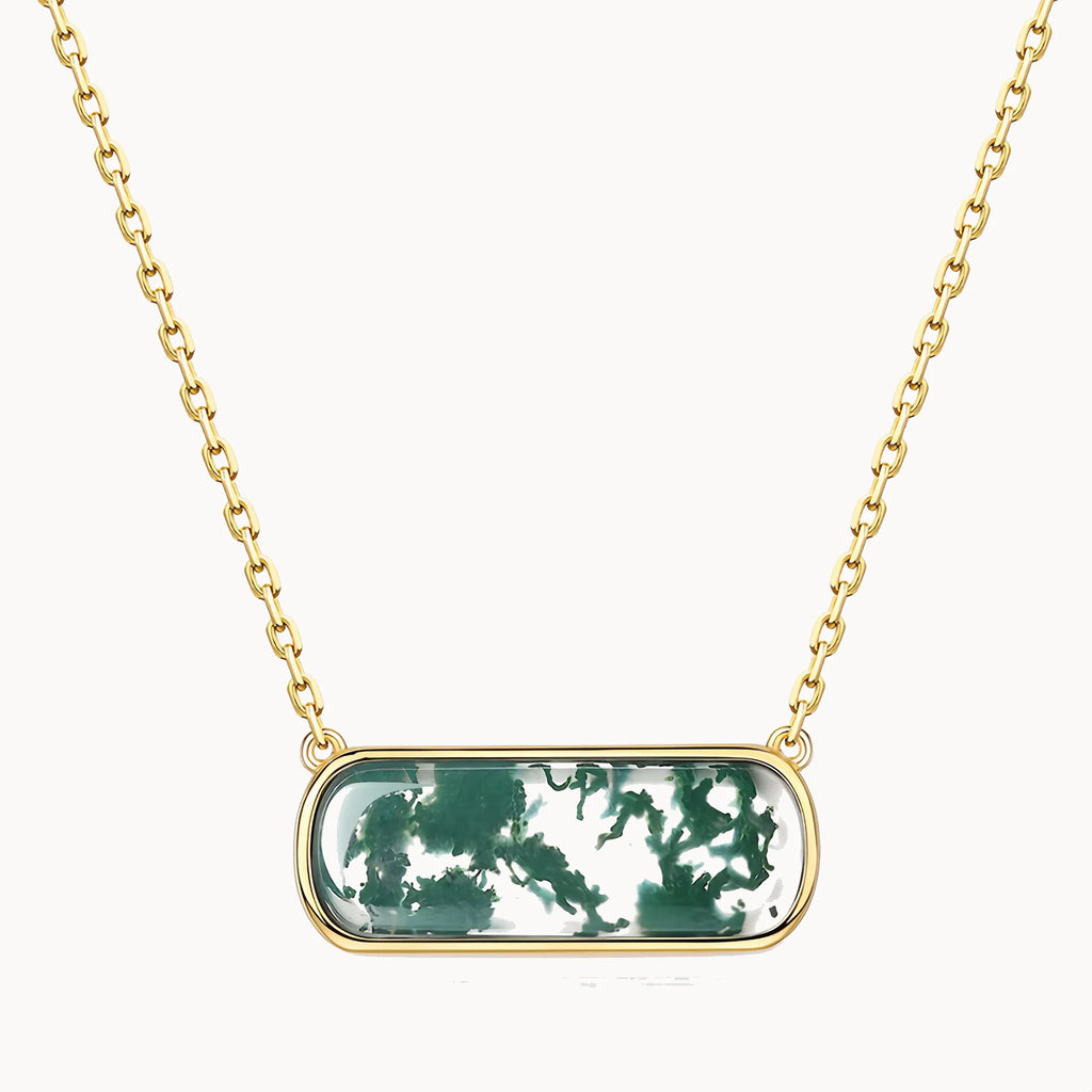 Rectangular Moss Agate Long Pendant Necklace