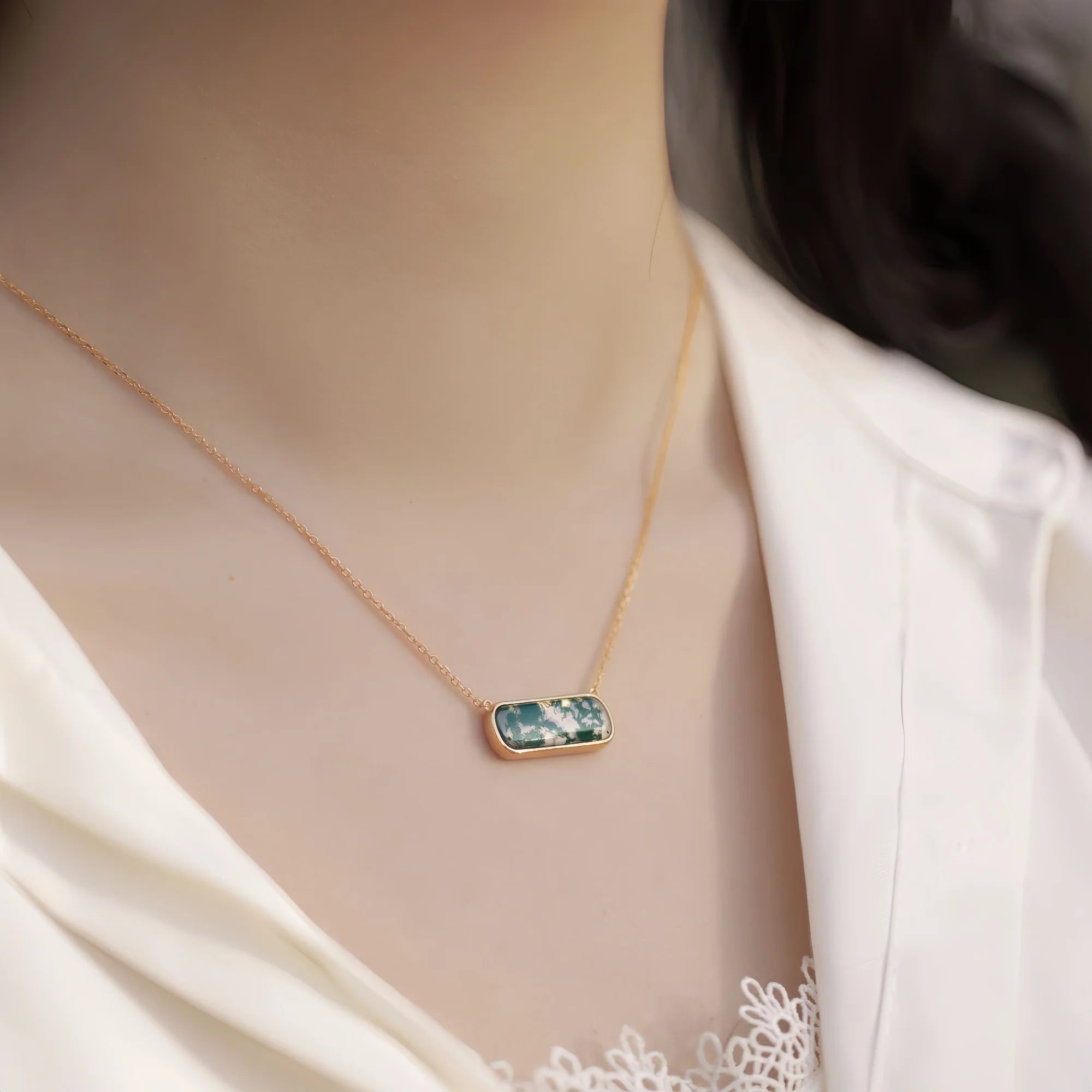 Rectangular Moss Agate Long Pendant Necklace