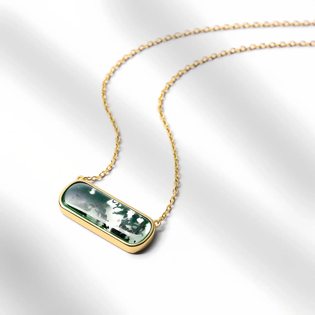 Rectangular Moss Agate Long Pendant Necklace