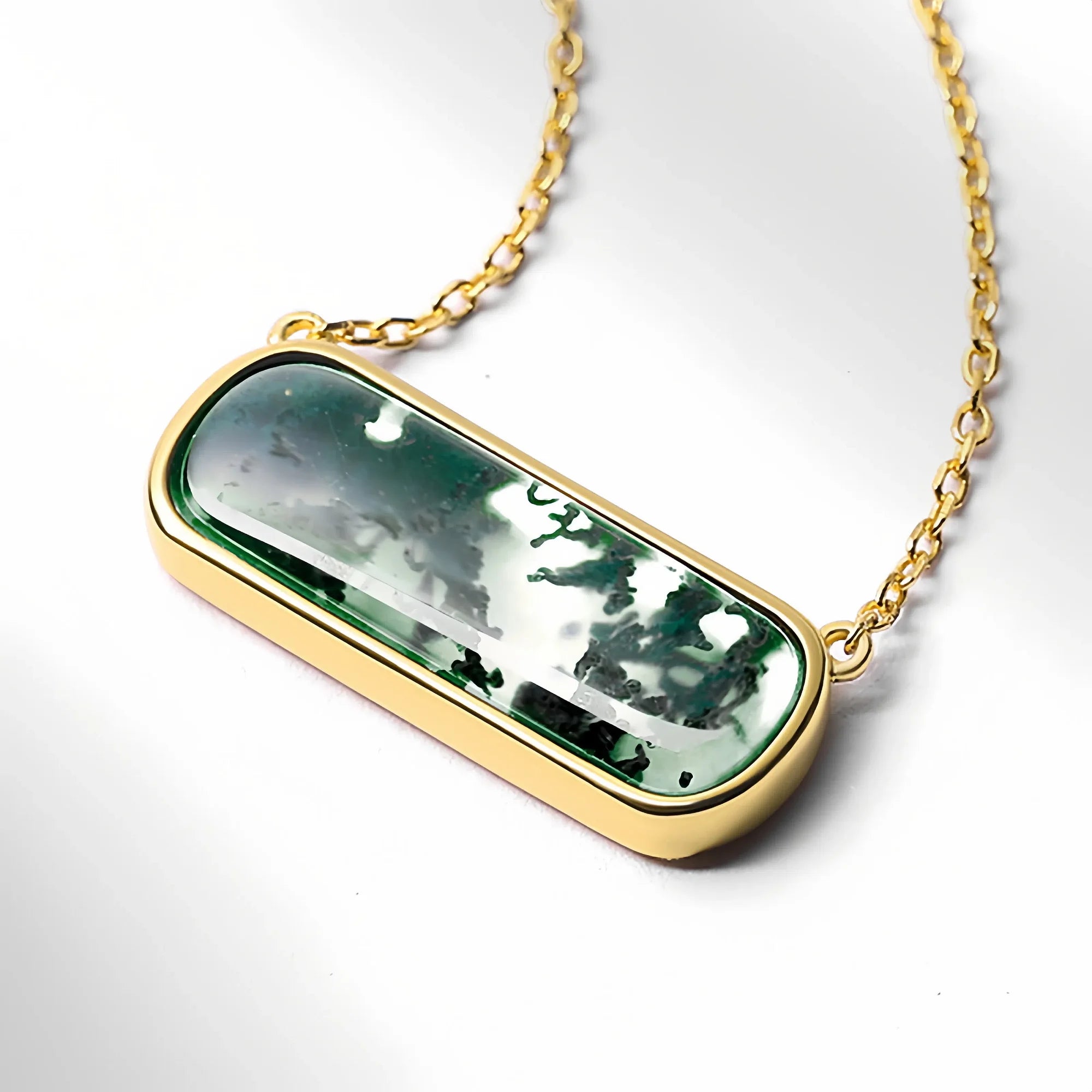 Rectangular Moss Agate Long Pendant Necklace