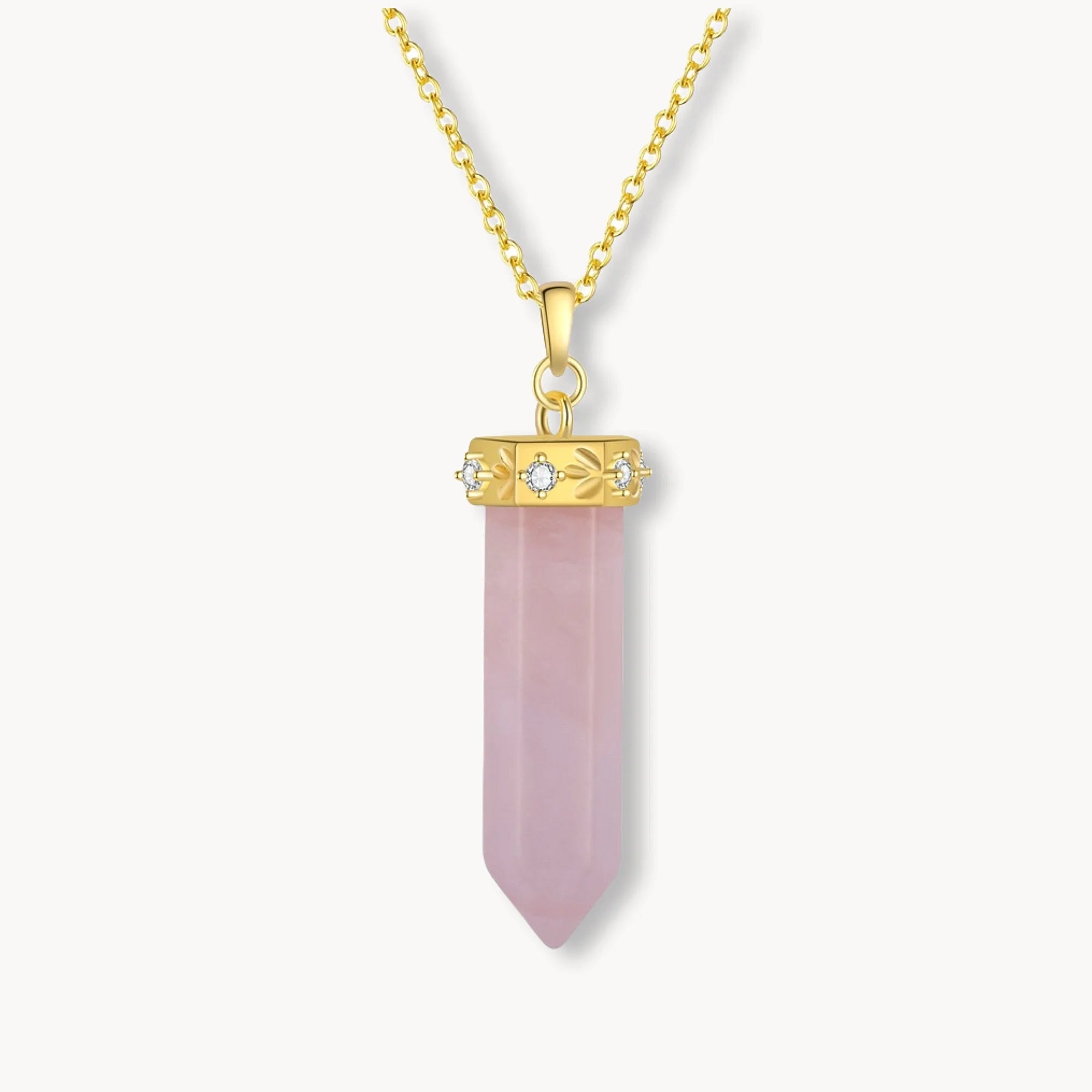 Rose Quartz Crystal Point Necklace with Zirconia Crown