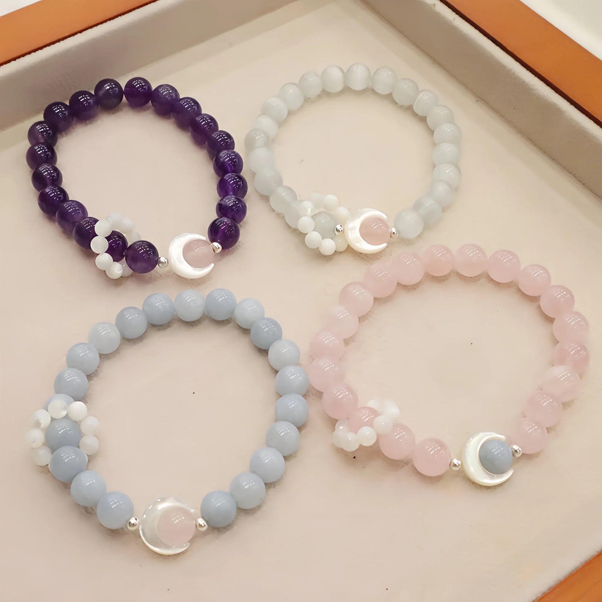 Rose Quartz, Moonstone & Aquamarine Moon Ocean Crystal Bracele