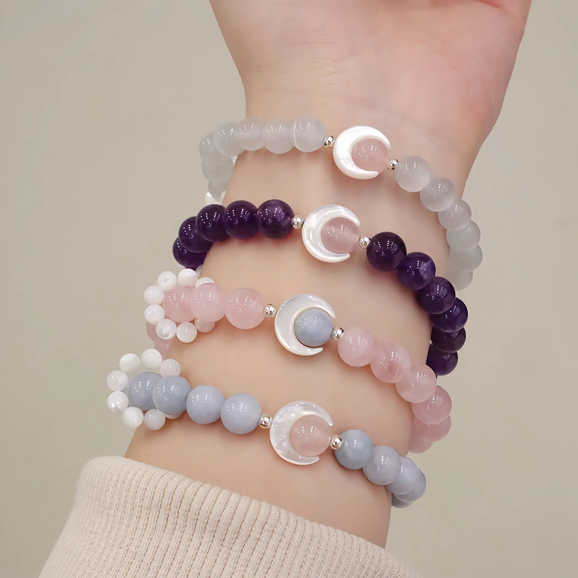 Rose Quartz, Moonstone & Aquamarine Moon Ocean Crystal Bracele