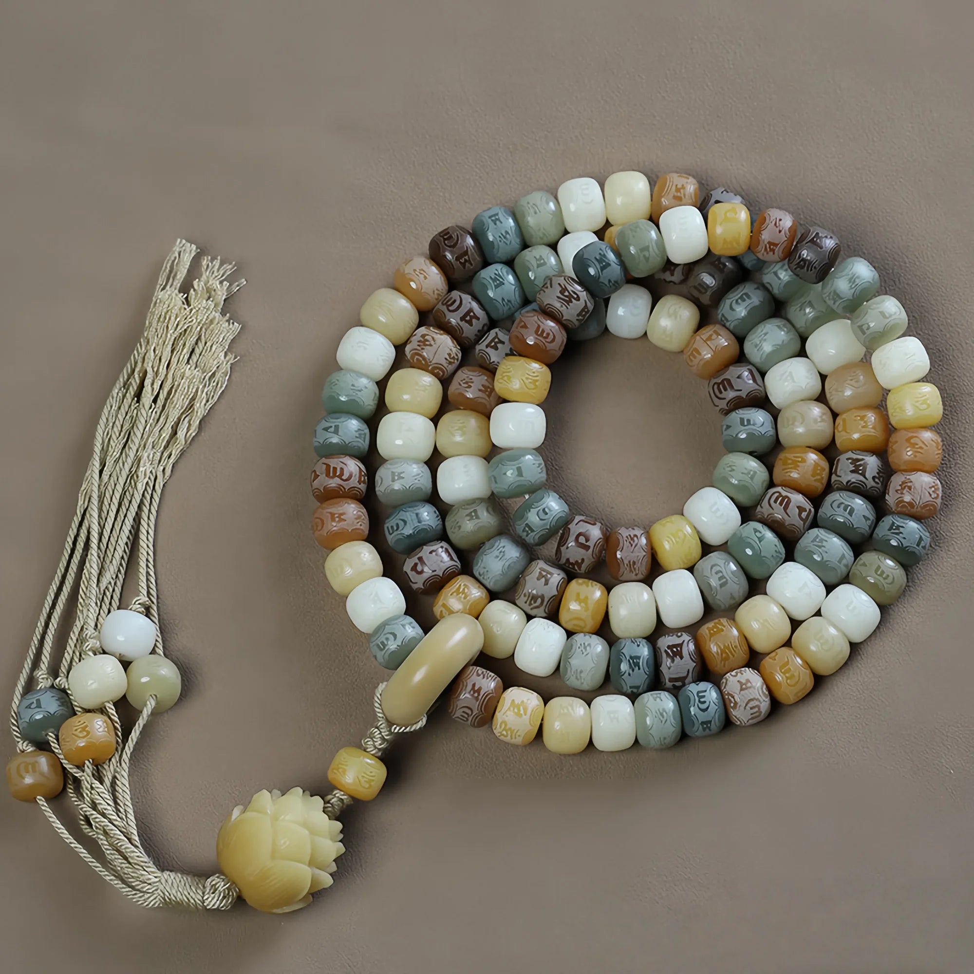 Sacred 108-Bead Bodhi Seed Mala with Lotus Pendant