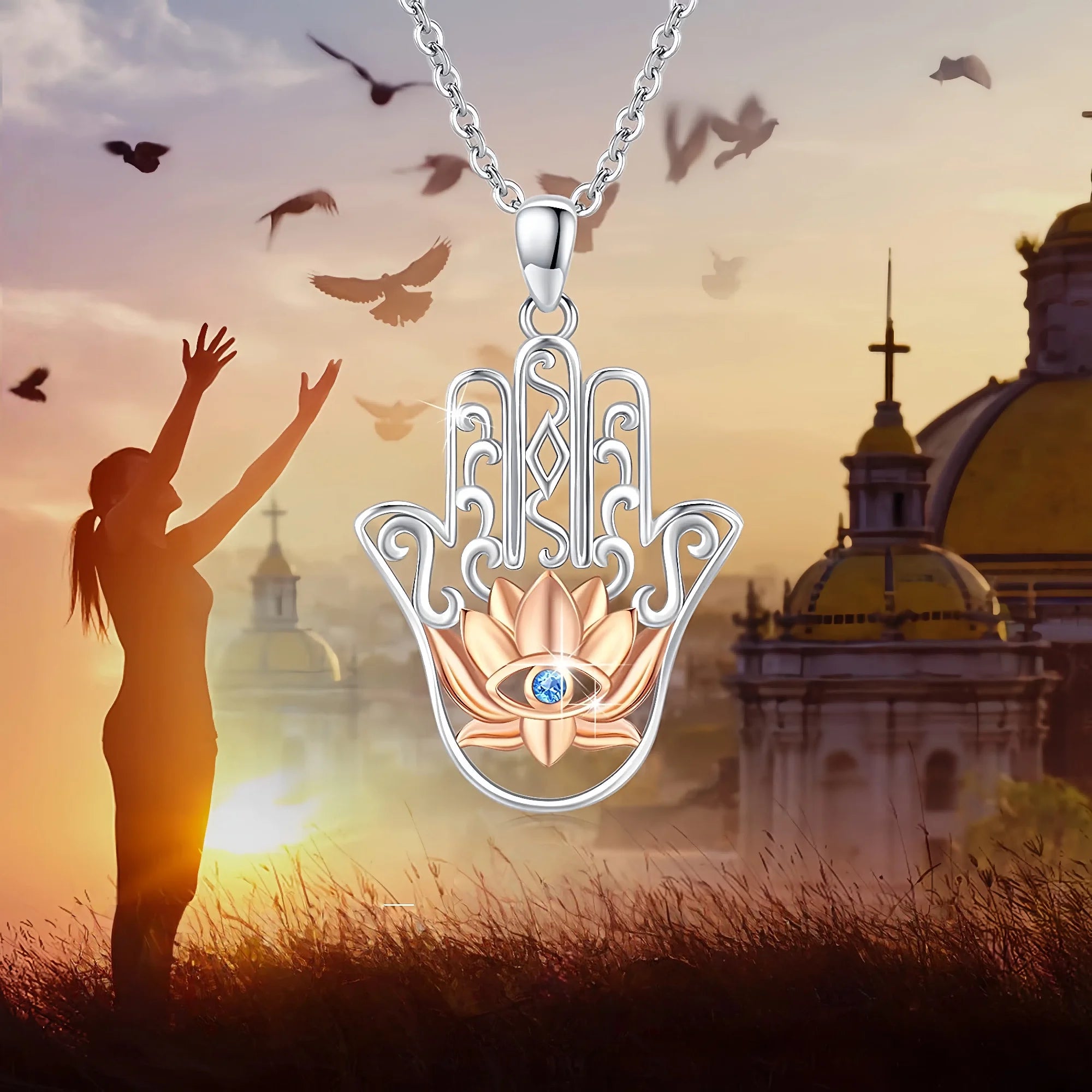 Sacred Hamsa & Lotus Blessing Necklace Pendant