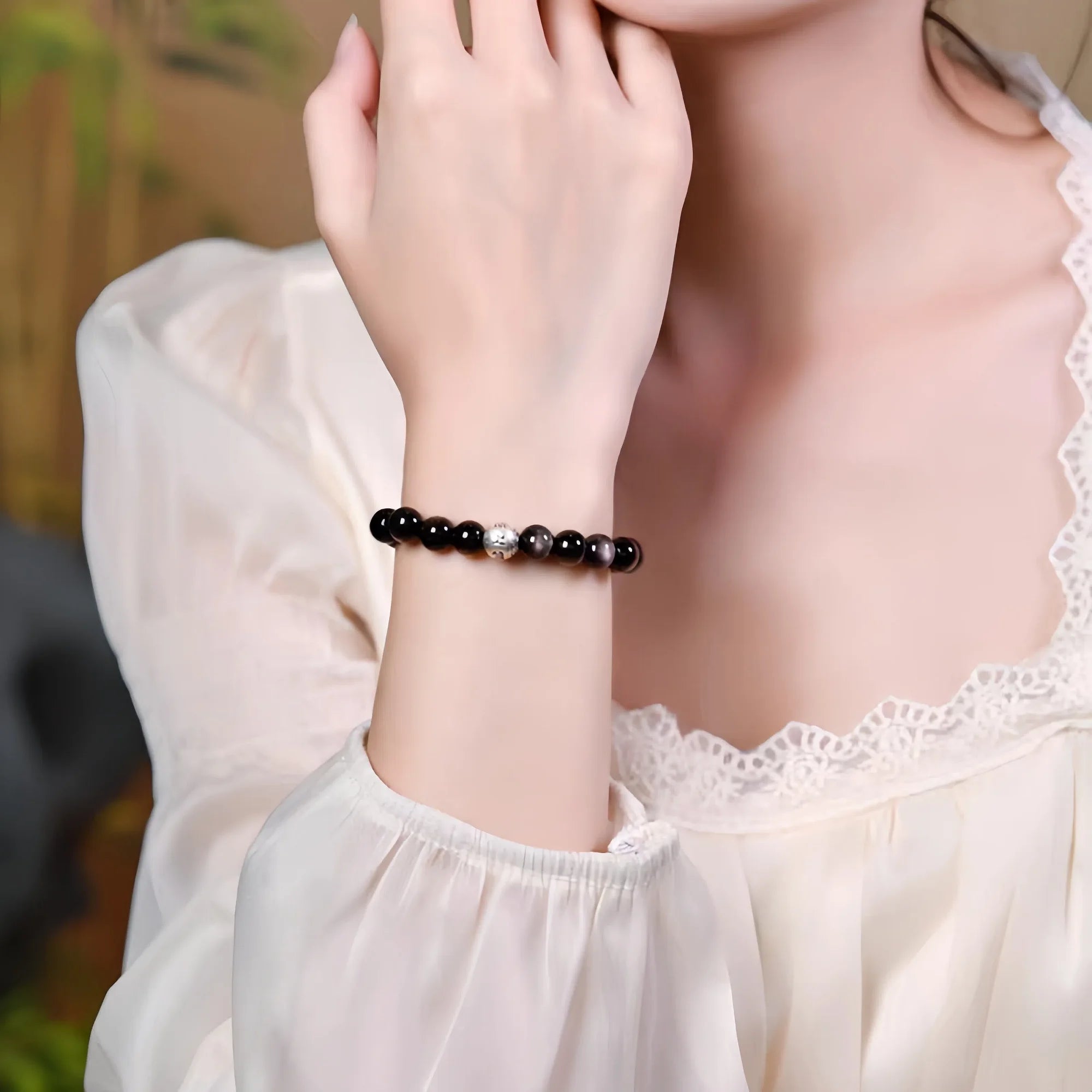 Sacred Silver Sheen Obsidian Mantra Bracelet