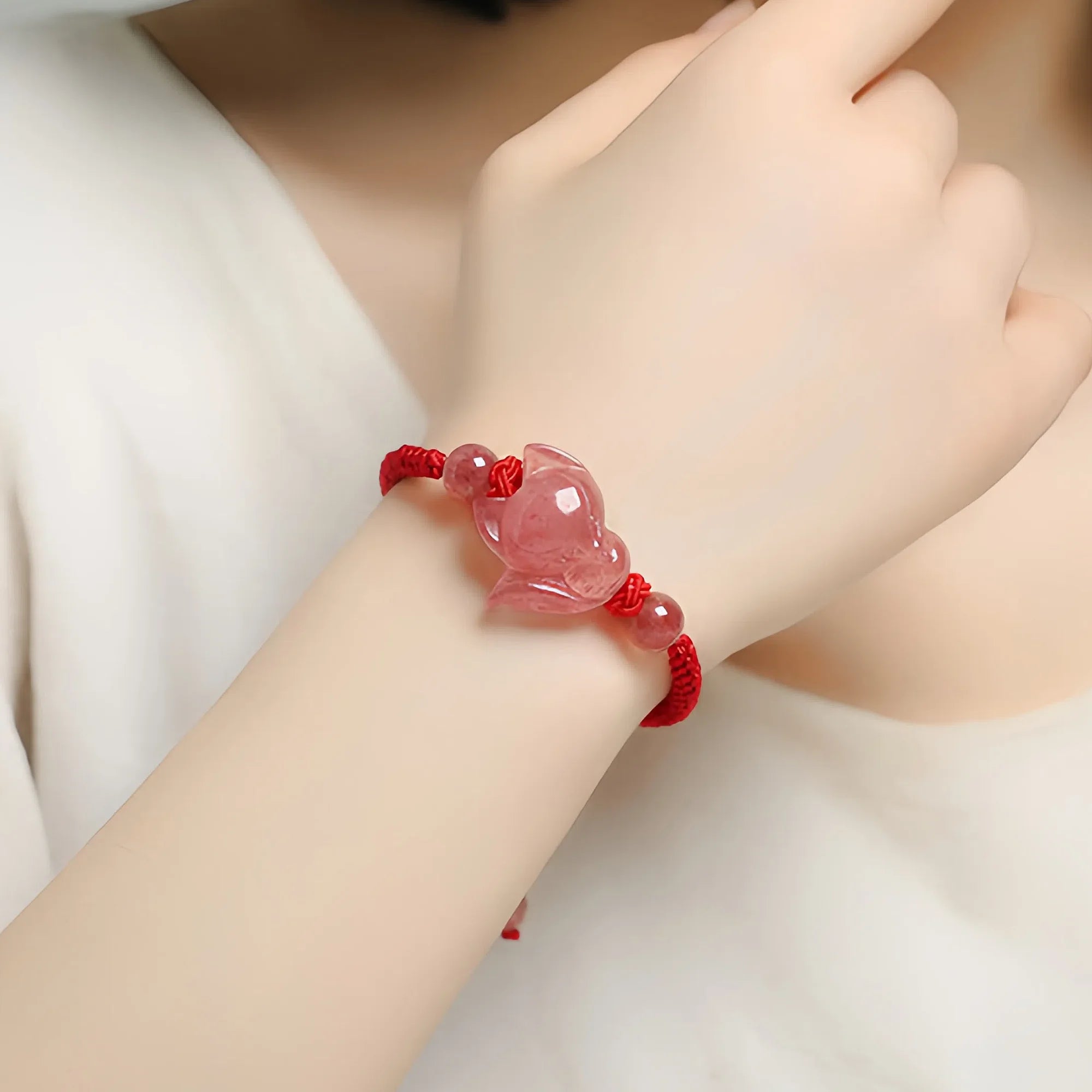 Strawberry Quartz & Red Cotton Scarlet Knot Fox Charm Bracelet
