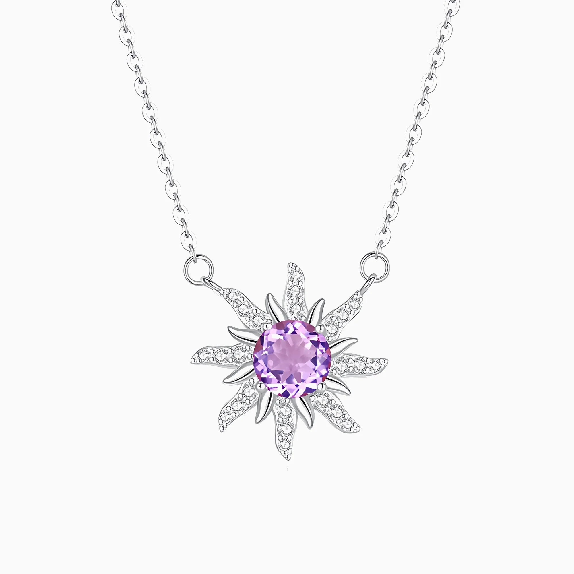 Sunburst Radiance Amethyst Pendant Necklace in Sterling Silver