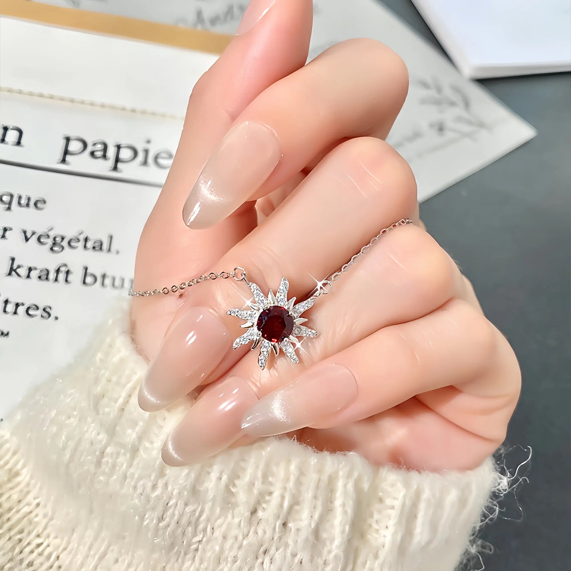 Sunburst Radiance Garnet Pendant Necklace in Sterling Silver