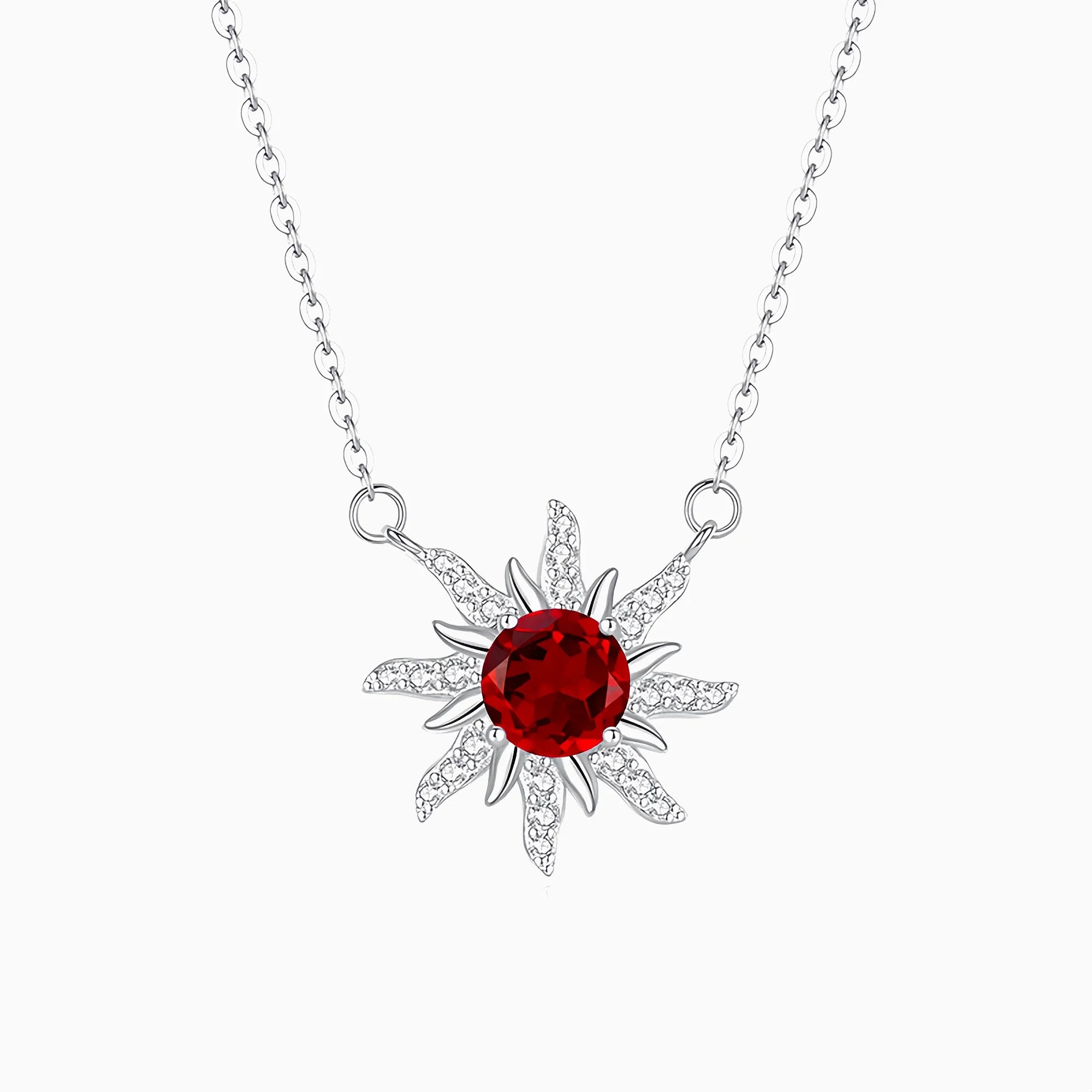 Sunburst Radiance Garnet Pendant Necklace in Sterling Silver
