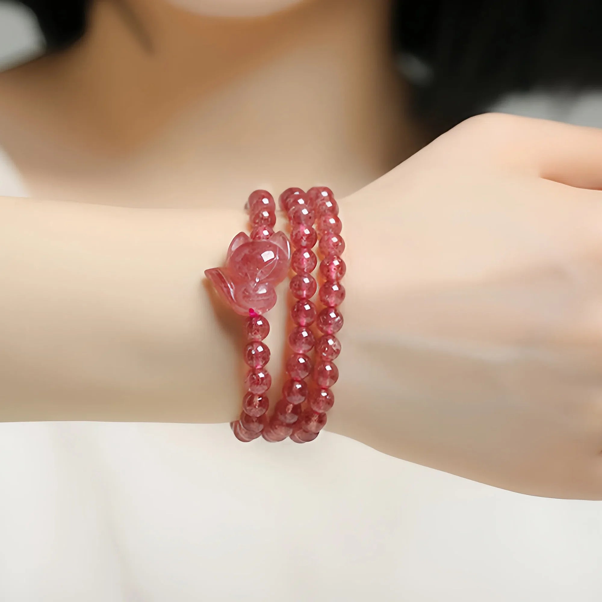 Triple Spiral Fox Charm Strawberry Quartz Bracelet