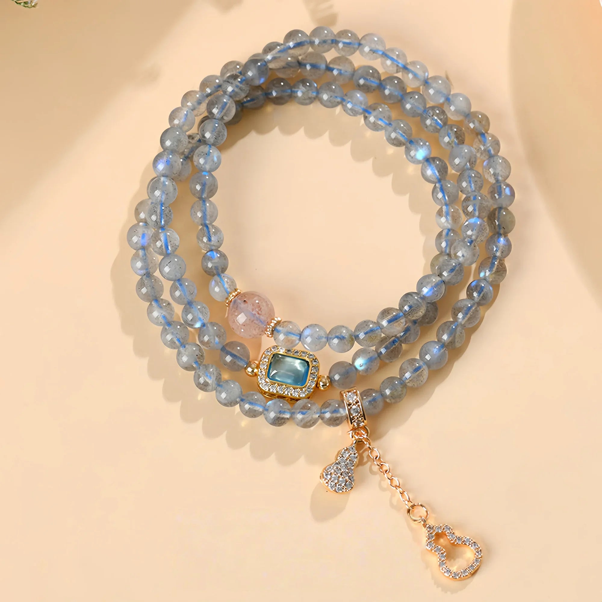 Triple Wrap Labradorite & Strawberry Quartz Fortune Bracelet