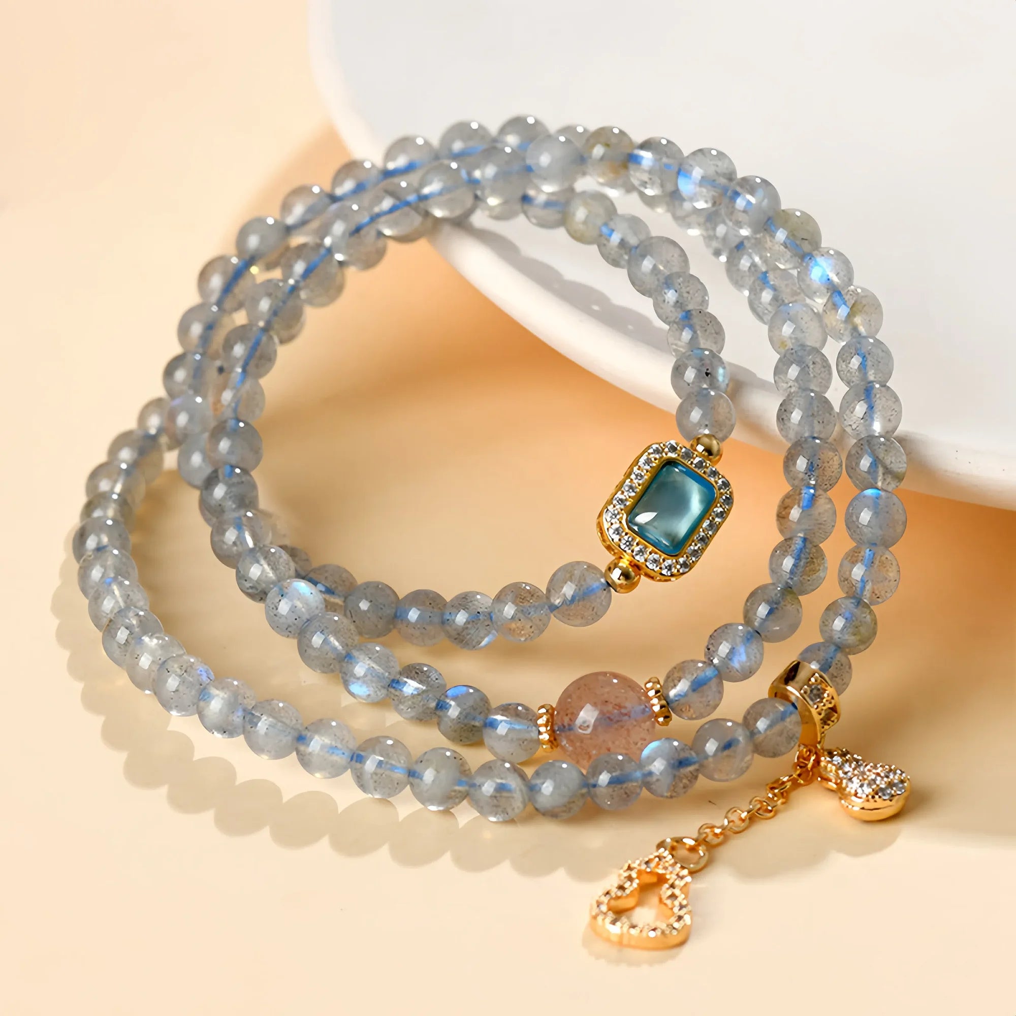 Triple Wrap Labradorite & Strawberry Quartz Fortune Bracelet