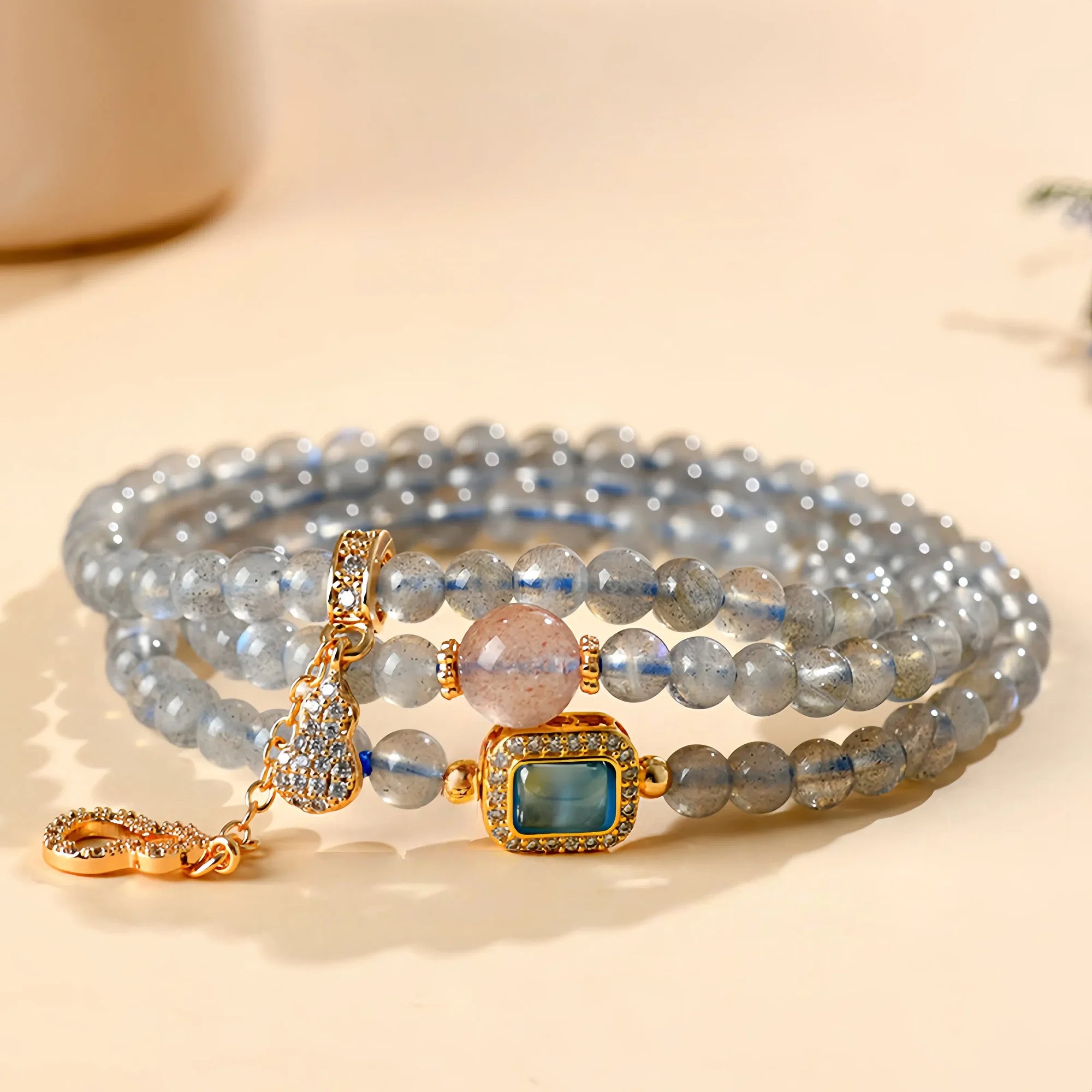 Triple Wrap Labradorite & Strawberry Quartz Fortune Bracelet