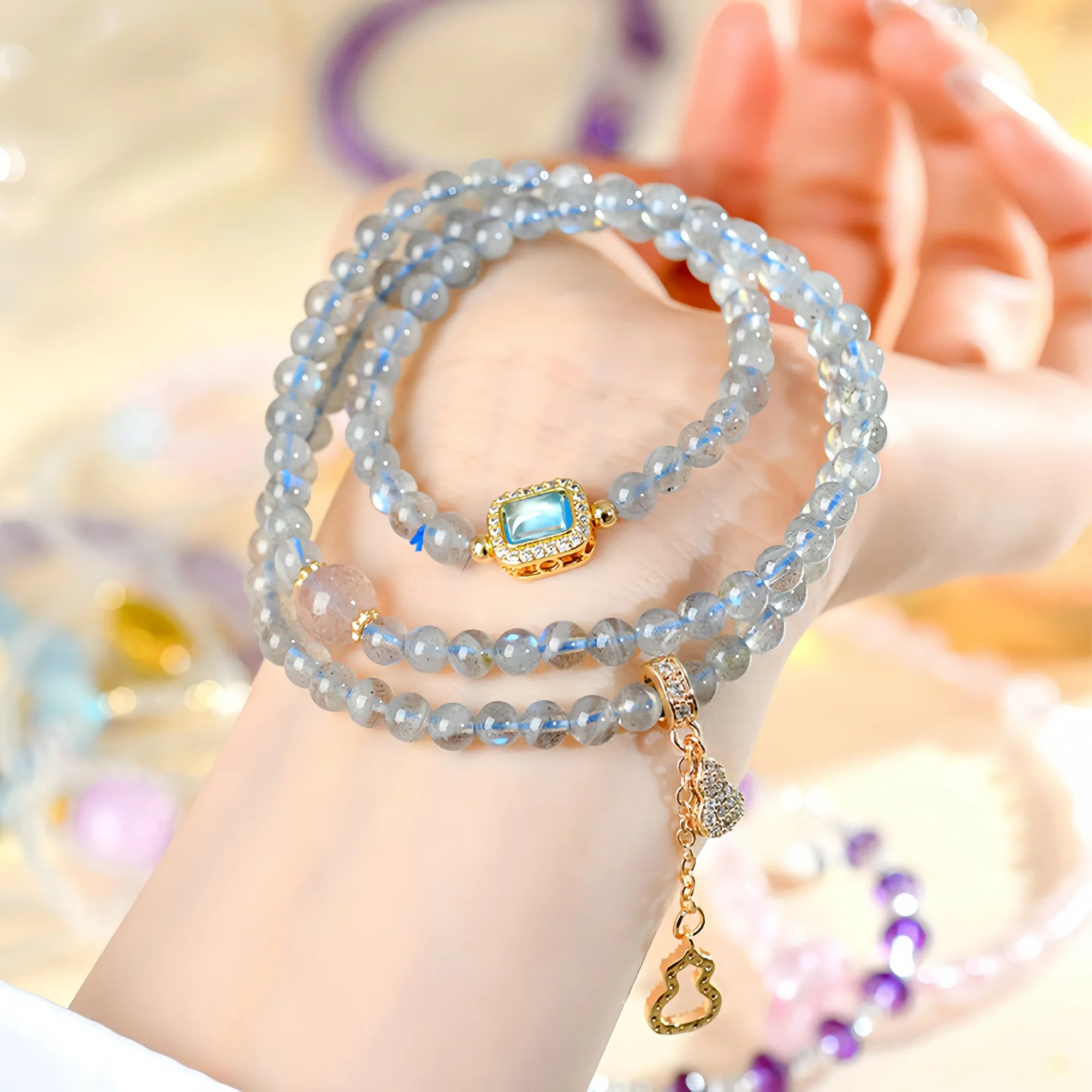 Triple Wrap Labradorite & Strawberry Quartz Fortune Bracelet