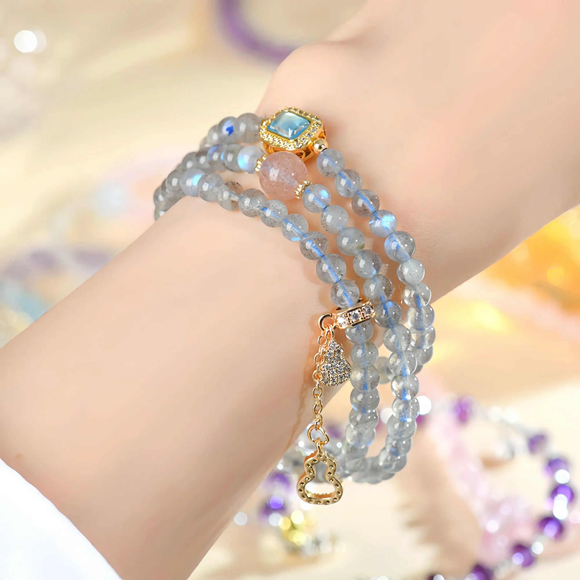 Triple Wrap Labradorite & Strawberry Quartz Fortune Bracelet