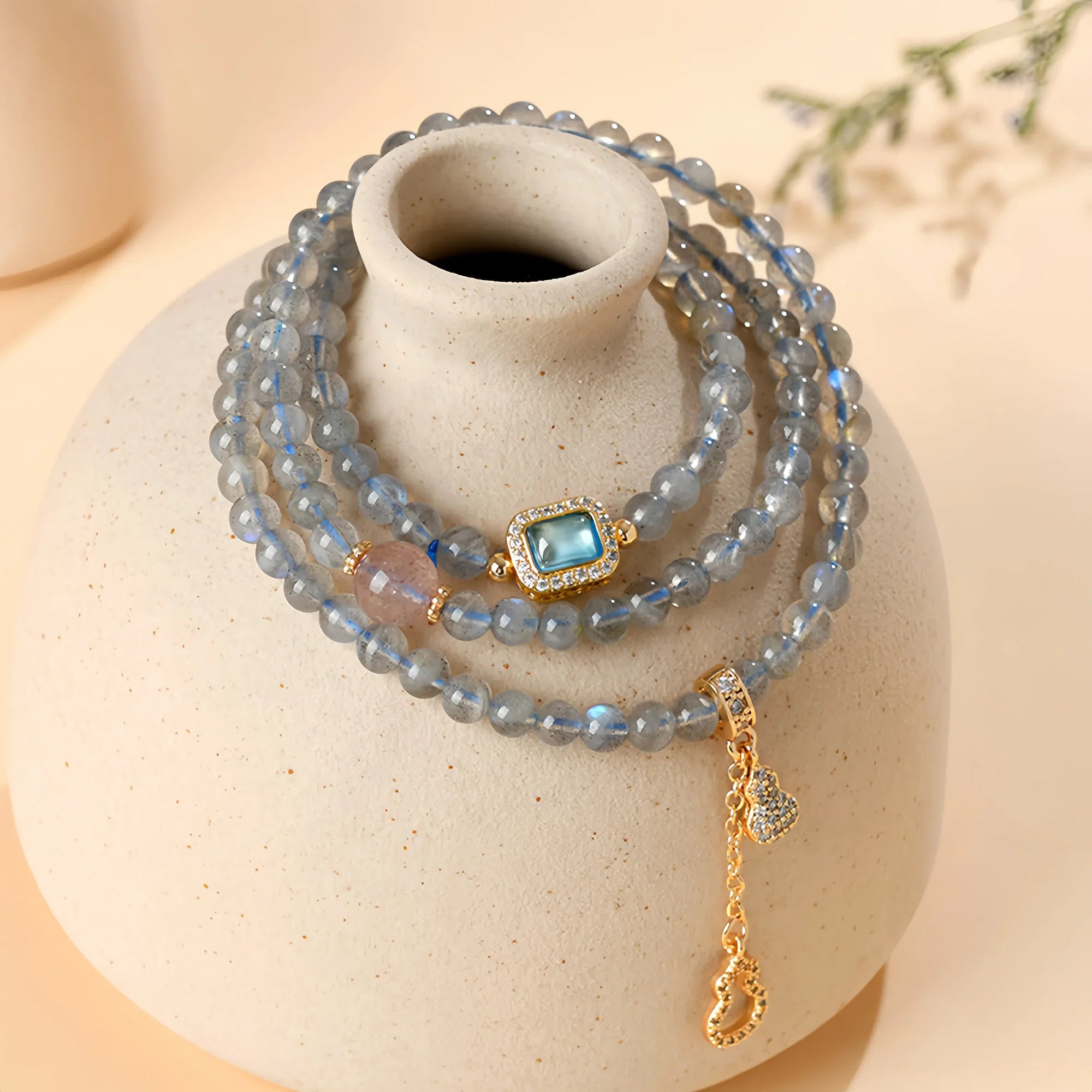 Triple Wrap Labradorite & Strawberry Quartz Fortune Bracelet