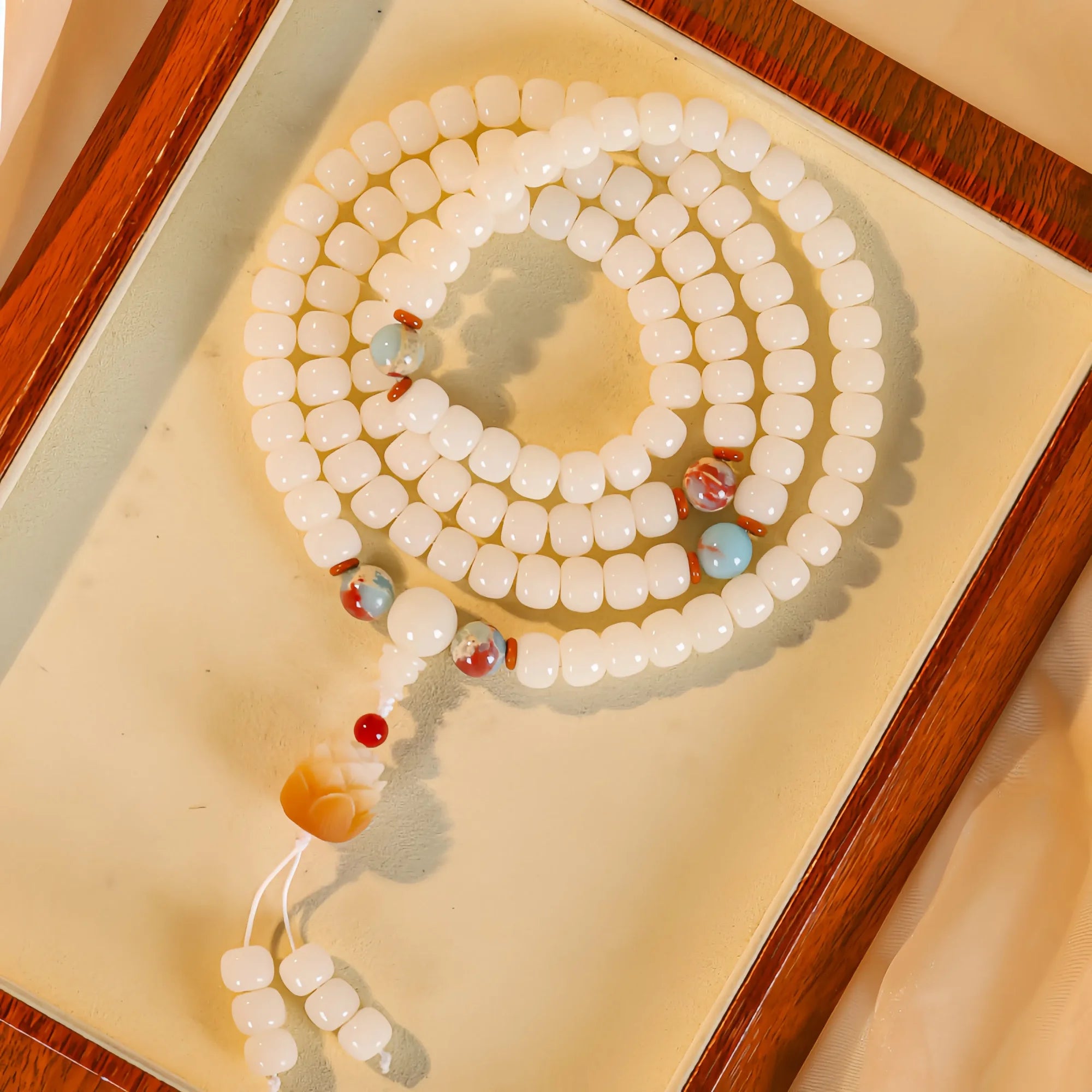 White Bodhi Seed Mala with Lotus Charm